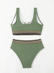 SHEIN Swim Women's Summer Beach Striped Bikini Set With Woven Strap, Halter Tie, And Separated Bikini Set - Army Green - View 2