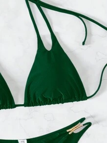 SHEIN Swim 吊带背心式系带分体比基尼上衣和下装泳装夏季 - 墨綠色 - 查看 4