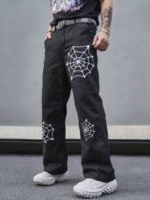 Manfinity EMRG Men Spider Web Print Straight Leg Jeans Without Belt - Black - View 6