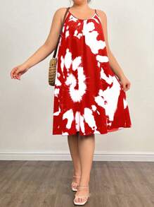 EMERY ROSE Plus Size Women's Random Printed Simple Daily Wear Spaghetti Strap Dress For New Year, For Summer - Red - View 5