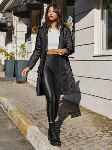 EURMUSE Fuzzy Trim Hooded Puffer Coat - Black - View 5