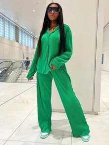 Bộ 2 món áo sơ mi xếp ly thời trang nữ kèm quần ống rộng thoải mái, trang phục thường ngày mùa xuân. - màu xanh lá - Xem 8