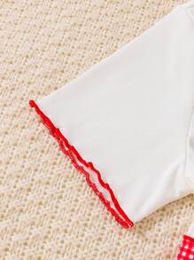 2 szt. Zestaw piżam dla nastolatek dla dziewcząt w kontrastową kratę z kokardką - długie spodnie i top z krótkim rękawem, powrót do szkoły, jesień/zima - Beżowy - Zobacz 3