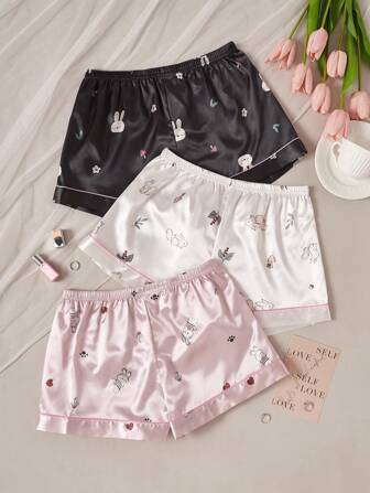 CottageSlumber Conjunto de 3 shorts de pijama com estampa de animais de desenho animado, shorts de dormir em material de seda simulada