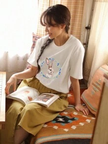 DAZY 女款白兔印花T恤 可爱上衣、图案T恤 - 杏色 - 查看 5