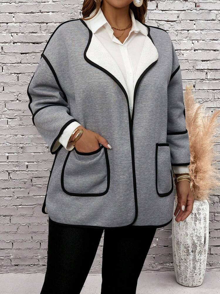 Fall/Winter Plus Size Color Block Striped Fuzzy Jacket With Pockets With Pockets
