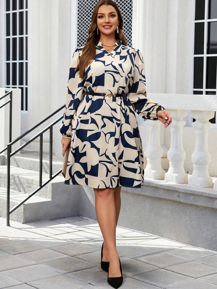 Miaspire Plus Size Women's Geometric Pattern Casual Daily Wear Long Sleeve Dress,Spring/Summer/Vacation - Multicolor - View 1