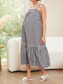 SHEIN Vestido casual de maternidad con patchwork de encaje floral y cuadros, con tirantes