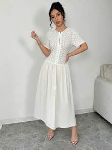 SHEIN Clasi Knitted & Satin Patchwork Dress - Beige - View 6