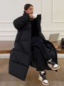 DAZY Women's Solid Color Stand Collar Long Warm Padded Coat, Winter Outwear - Black - View 9