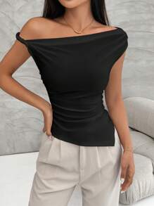 Firerie 女式不对称肩部荷叶边短袖 T 恤，下摆不对称，适合工作或休闲，夏季 - 黑色 - 查看 5