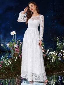 MIUSOL Full Floral Lace White Wedding Formal Dress - White - View 1