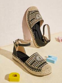 Mini mi 兒童C字雙鑲黑米、渚紋D'Orsay帆布平底鞋 - 時尚、可愛、簡約、經典，有腳踝帶和波西米亞刺繡 - 夏季必備 - 黑色 - 查看 2