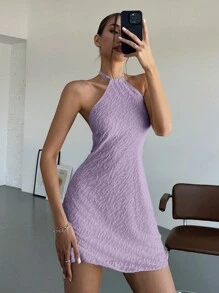 SHEIN EZwear Spring/Summer White Texture Halter Backless Short A-Line Dress - Purple - View 4