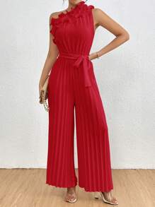 Chiquease 女式不对称领口蕾丝边连体裤，配腰带和褶皱设计，适合新年服装 - 紅色 - 查看 3