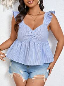 SHEIN Frenchy 大码舒适亚麻纹理条纹印花蝴蝶帽袖上衣，胸部有褶皱，宽松版型，夏季纯色，暑假季节，舒适浅蓝色上衣，波西米亚风，返校服装，秋季上衣 - 藍色 - 查看 6