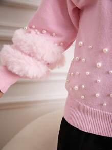 SHEIN 少女粉色毛绒珍珠缀饰毛衣，秋冬款 - 淺粉色 - 查看 5