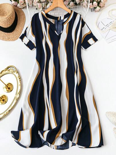 Plus Size Women's Striped & Printed Short Sleeve Notched Neck Dress, For Summer