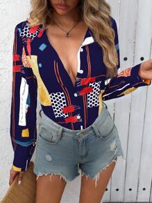 SHEIN LUNE 女士單排釦印花休閒日常長袖襯衫（隨機印花） - 藏蓝色 - 查看 4