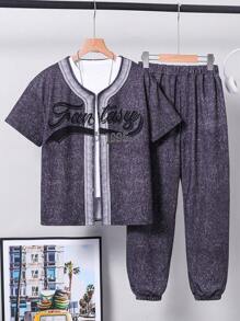 2pcs Gray Denim Jacket And Gray Denim Pants Casual Outfits, Tween Boys - Light Grey - View 1