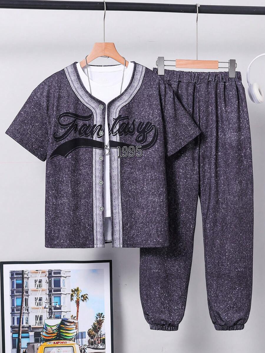 2pcs Gray Denim Jacket And Gray Denim Pants Casual Outfits, Tween Boys - Light Grey - View 1