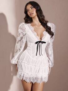 SHEIN BAE Summer White Solid Color Sexy Deep V-Neck Lace Hem Women's Multi-Layer Gathered Bustier Style Bubble Lantern Sleeve Bowknot Tie Sweet Girl Mini Dress