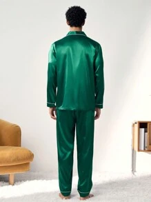 男士家居服套装：宽松长袖舒适衬衫，带领子、纽扣和口袋细节，搭配休闲条纹家居裤，秋冬服装 - 綠色 - 查看 2