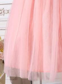 Tween Girls Rose Flower Embellished Mesh Skirt With 3D Waist Roses, 2pcs/Set - Pink - View 4