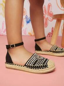 Mini mi 兒童C字雙鑲黑米、渚紋D'Orsay帆布平底鞋 - 時尚、可愛、簡約、經典，有腳踝帶和波西米亞刺繡 - 夏季必備 - 黑色 - 查看 5