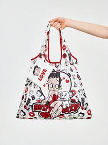 Betty Boop | ROMWE Cartoon Character Printed Sweet And Lovely Storage Bag, Large Capacity Foldable Shopping Tote Bag With Coin Purse - White - View 9