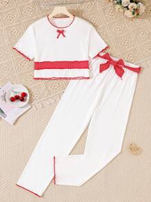 2 szt. Zestaw piżam dla nastolatek dla dziewcząt w kontrastową kratę z kokardką - długie spodnie i top z krótkim rękawem, powrót do szkoły, jesień/zima - Beżowy - Zobacz 1