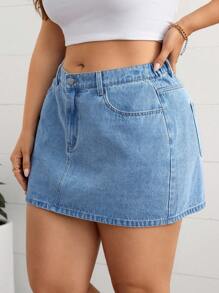 SHEIN Essnce Plus Size Women's Simple Daily Wear Plain Denim Mini Skirt - Light Wash - View 5