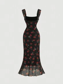 SHEIN MOD Vestido ajustado de cuello cuadrado floral de estilo retro para tallas grandes, vestido midi de verano, vestido sexy, vestido elegante, vestido holgado, vestido de graduación