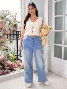 SHEIN EZwear 加大碼打結前綁無袖針織上衣，適合日常穿著 - 杏色 - 查看 6