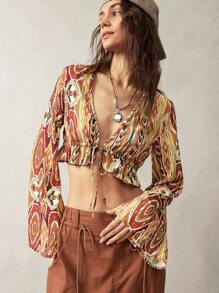 Bohemela Women's Full Print Vacation Style Tie Front Ruffle Hem Long Sleeve Cropped Shirt