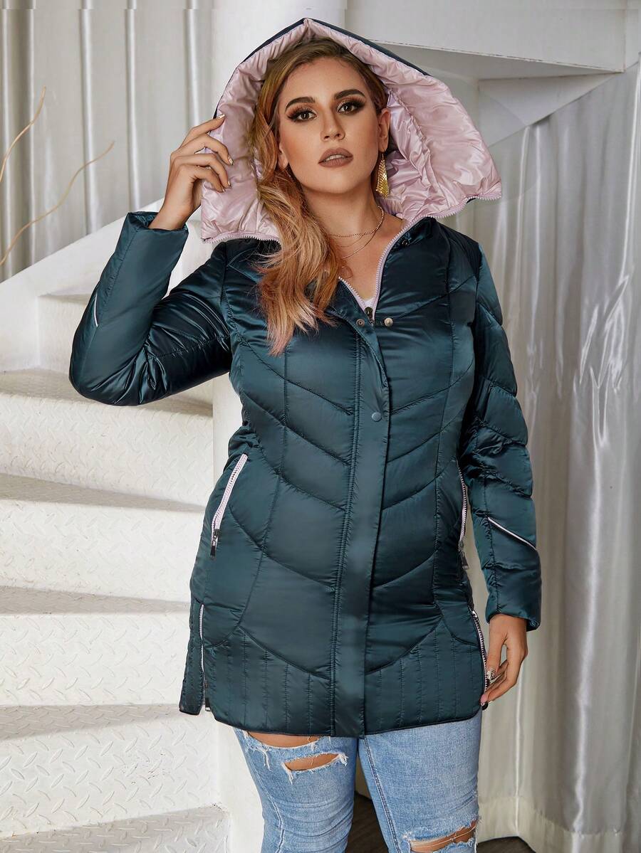 Astrid Plus Size Winter Hooded Button Pocket Slim Fit Casual Warm Jacket - Green - View 1