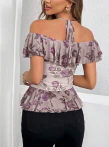 SHEIN Privé Parte superior con volantes y aberturas en los hombros, estampado floral, tirantes con lazo, bajo asimétrico elegante para mujer en verano