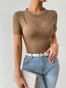 Chiquease 女士純色簡約休閒短袖T恤 - 棕色 - 查看 6