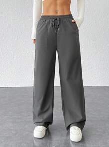 SHEIN PETITE 女士休闲纯色宽松阔腿裤 - 灰色 - 查看 4