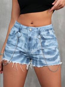 Quần short denim viền sờn dây xích có túi cài cúc - Rửa nhẹ - Xem 5