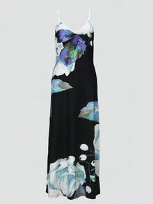 Vestido con tirantes largos y bolsillos, con estampado degradado para mujeres - Azul - Ver 4