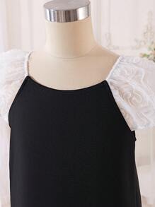 Tween Girl Loose Elegant Color-Block Puff Sleeve Dress With Back Bow Decoration