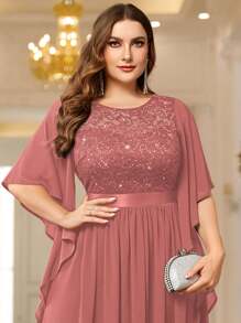 加大尺碼優雅蝴蝶袖雪紡亮片花邊上身晚宴派對長禮服 - 藕粉色 - 查看 7