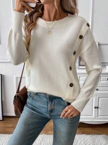 SHEIN LUNE Suéter de hombros caídos con detalles de botones para uso diario