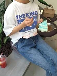 SHEIN EZwear 女士夏季宽松圆领落肩袖休闲 T 恤，带标语印花 THE KING The King Is Dead 美国巡演 - 白色 - 查看 6