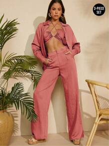 SHEIN Unity Crop Top & Wide Leg Pants & Shirt Set - Rust Brown - View 9