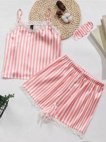 Conjunto de 3 Camisola de alças em renda listrada Colorblock com shorts e máscara para os olhos, roupa de casa para adolescentes