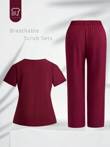 TaskEZ Set aus einfarbigem Kurz-Arm Oberteil und Hose für Damen in Große Größen, praktische Arbeitskleidung