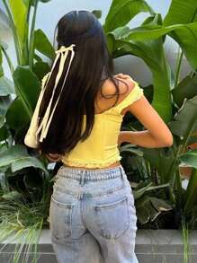 Camiseta de tirantes ajustada con cuello de corazón y volantes, para mujer, para verano - Amarillo - Ver 2