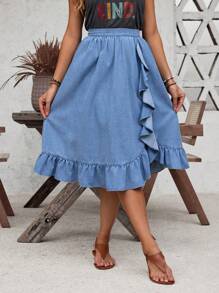 SHEIN LUNE 褶皺丹寧布裙子，帶荷葉邊緣 - 藍色 - 查看 3